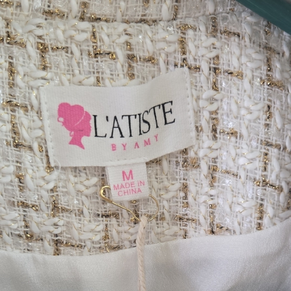 L'ATISTE White Tweed Dress with Gold Accents - Picture 2 of 10
